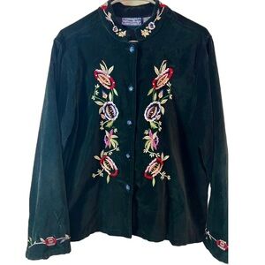 Willow Ridge Womens SzL Button Up Long Sleeve Top Floral Embroidered velvet feel